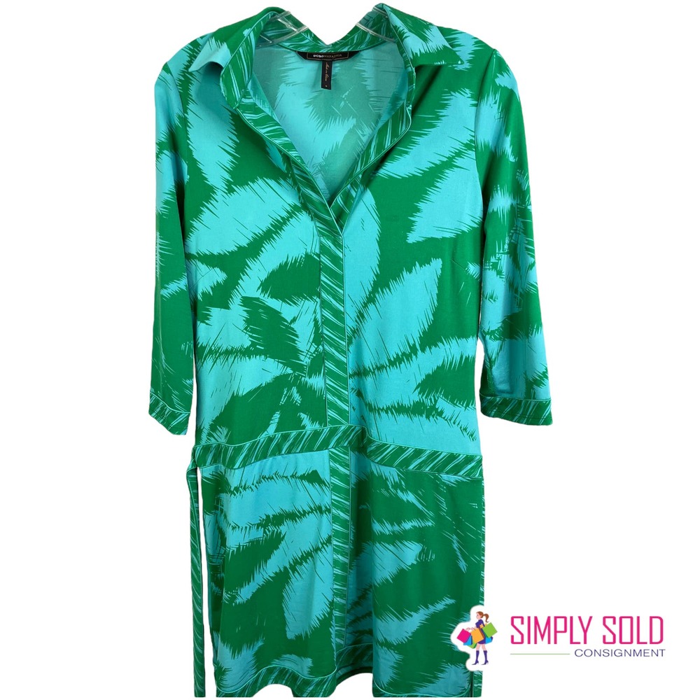 BCBGMAXAZRIA Women's A-Line Dress Long Sleeve Green Stretch Collared Wrap‎ S